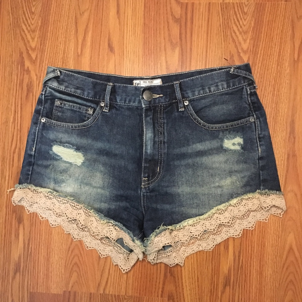 Distressed Free People Shorts with Lace Trimming